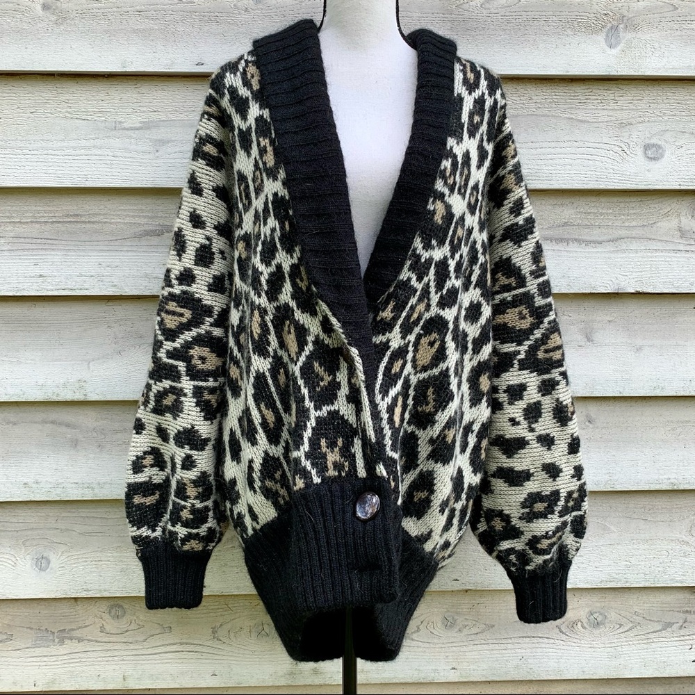 Vintage 80s Wool Mohair Blend Leopard Print Oversized Slouchy Cardigan Sweater